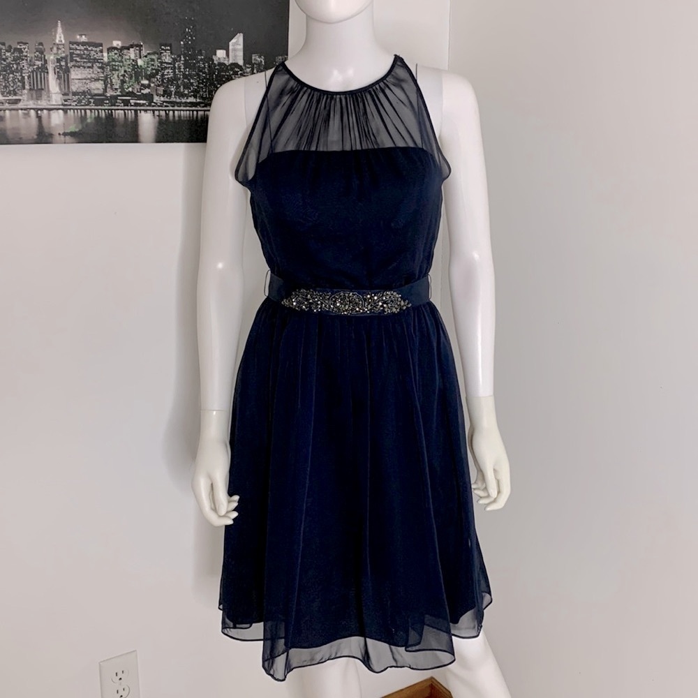 Stunning Adrianna Papell Navy Jeweled Formal Dress Size 4